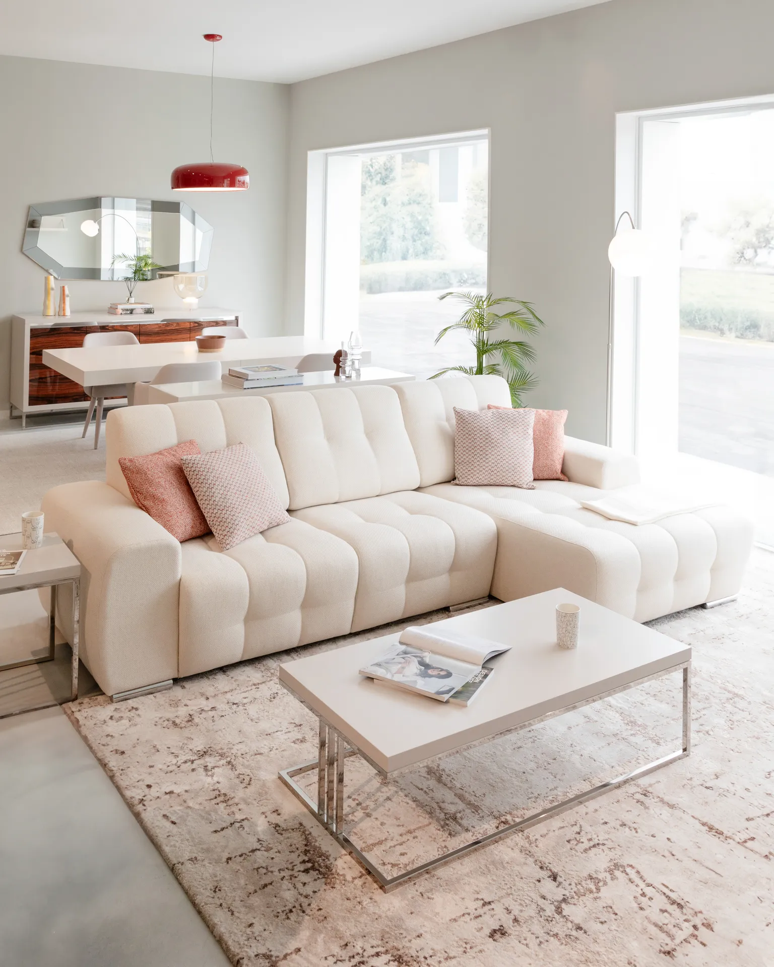 Sala Estar Sofá Madrid 2 Lugares E Chaise Longue Direita Estofado A Tecido Bege 287 Cm